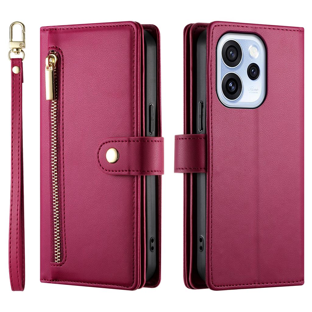 For Oppo Reno15 F 5G Leather Case Zipper Pocket Wallet Phone Cover with Straps