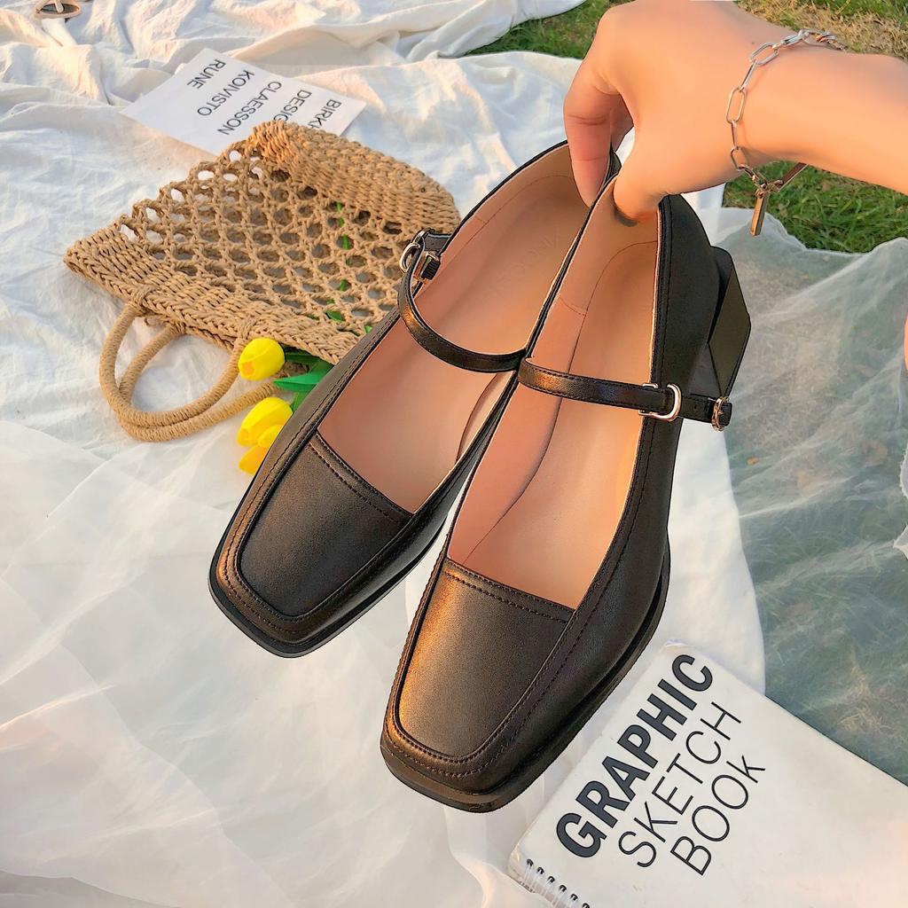 Туфли-лодочки Мэри Джейн с квадратным носком, женские, сандалии на среднем каблуке с пряжкой, летние и весенние кожаные туфли на каблуках