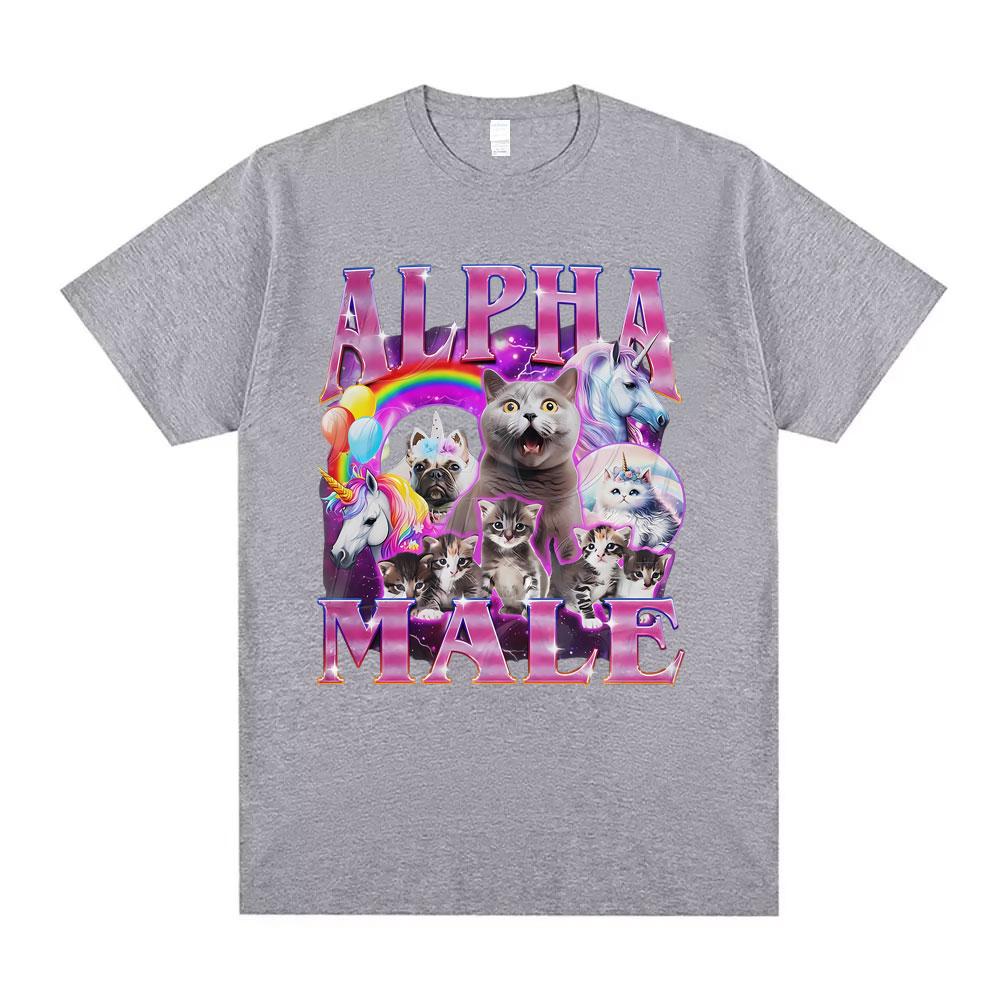 Alpha Male Unicorn Cat Funny Meme Print T Shirt Unisex Casual Vintage Short Sleeve Cotton Oversized T-shirt Streetwear Unisex Tops
