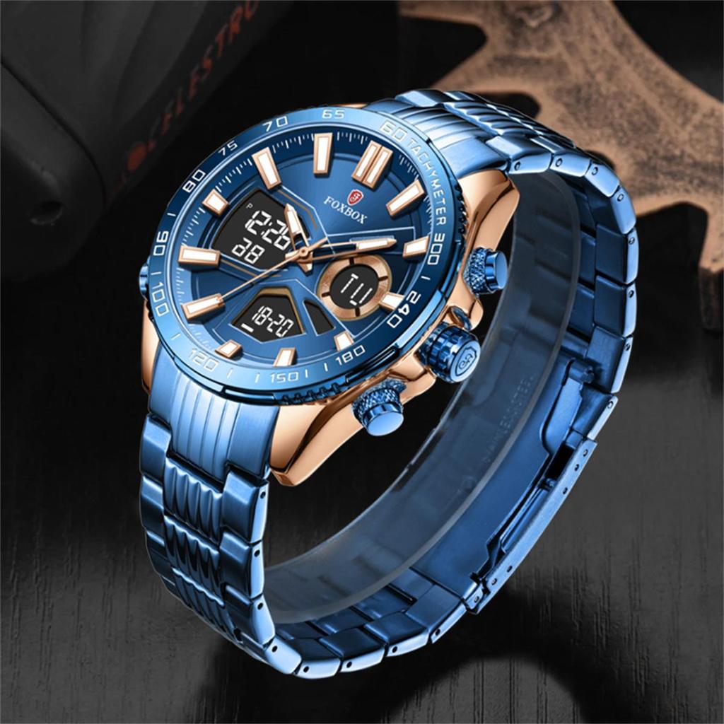 FOXBOX Sport Watches for Men Top Brand Luxury Dual Display Stainless Steel Band Waterproof Luminous Quartz Wristwatch+Box