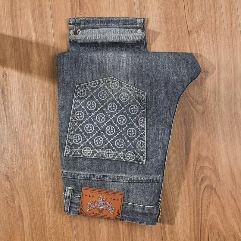 Мужские облегающие корейские ретро-джинсы — вышитые, эластичные, свободные, прямые
