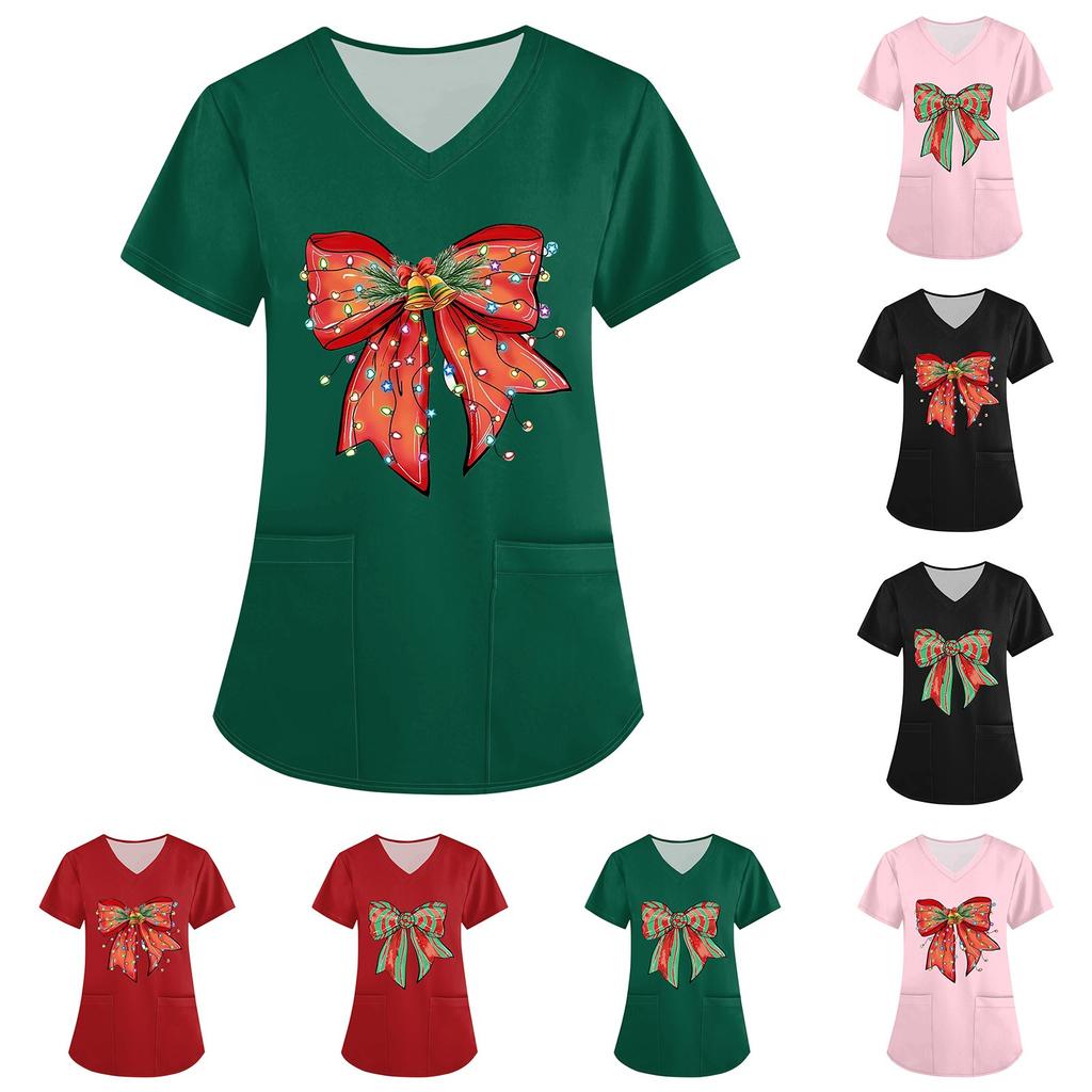 Women's Christmas Printed Uniform Work Uniform V-Neck Pocket Protective Work Uniform