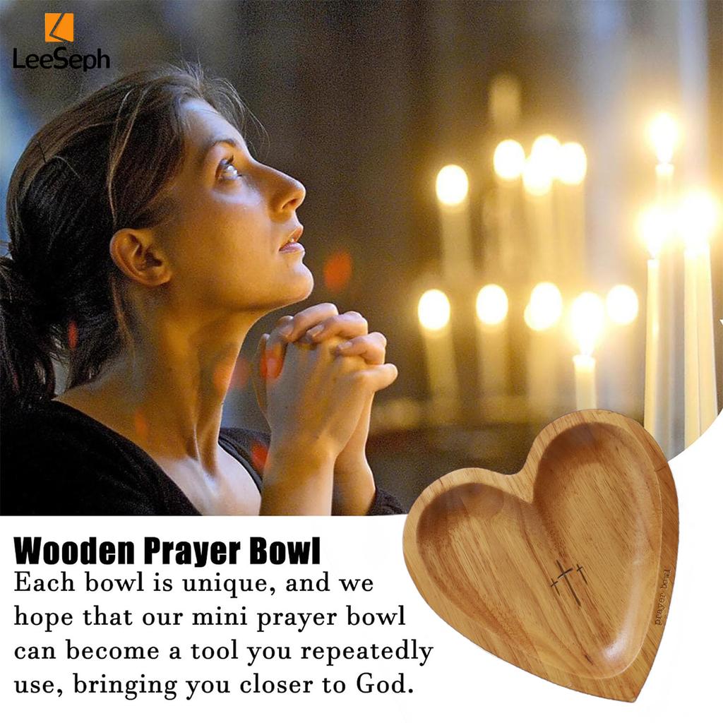Leeseph Heart Prayer Bowl, Wooden Heart Shaped Prayer Bowl with 24 Cards, Heart Shaped Decor Prayer Dough Bowl for Thanksgiving