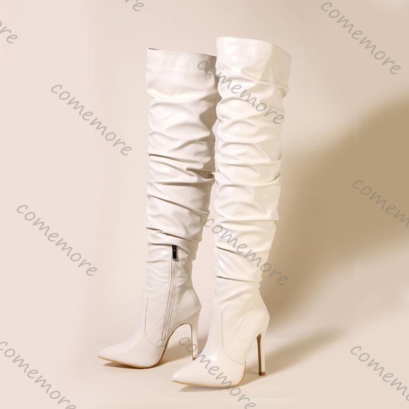 Comemore Плиссированные ботфорты до бедра Длинные Сексуальные Ботильоны с острым носком на молнии выше колена Женские ботинки Высокий каблук Однотонная обувь для женщин