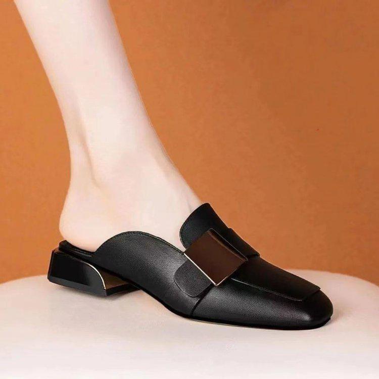 Женские французские ретро мюли с квадратным носком и средним каблуком - Летние лоферы в британском стиле с закрытым носком