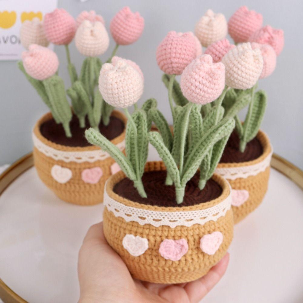 Handmade Woolen Yarn Flowers Crochet Knitting Kit No Finish Tulip Potted Flower Desktop Ornament
