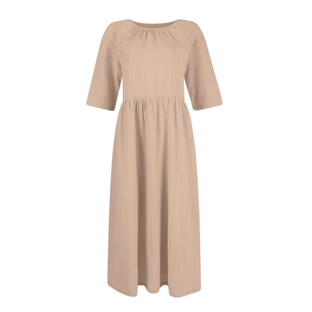 Women's Summer Solid Color Short Sleeved Pleated Round Neck Large Hem Dress