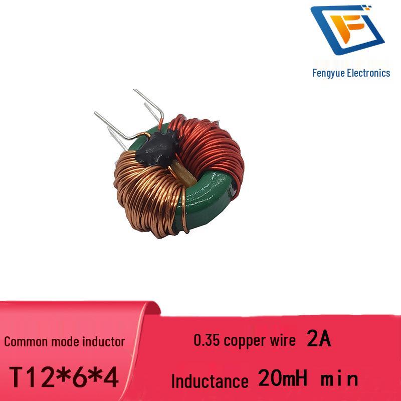 Common Mode Choke Inductor, T12x6x4, 0.35 Wire, Red Bobbin, Split Winding 20mH 2A, with Magnetic Core and Central Partition.