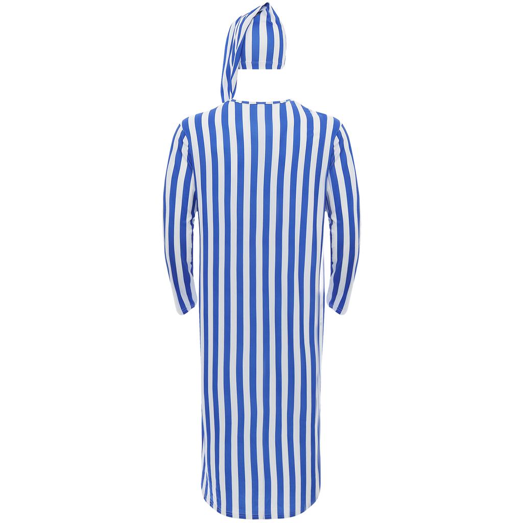 Мужская ночная рубашка с длинным рукавом в полоску и шапочкой для сна - Мягкая ткань, Свободный крой