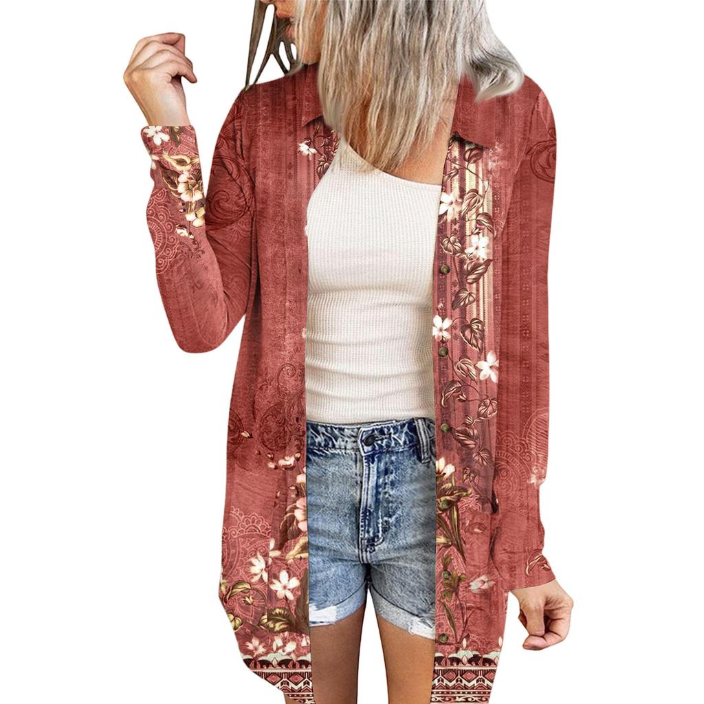 Women's Casual Fashion Floral Print Long Sleeve Mid-Length Cardigan Jacket