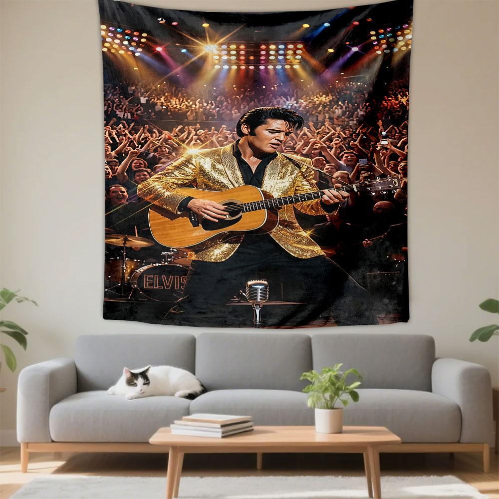 A performer in a gold jacket playing guitar on stage, with cheering crowd. Patterned tapestry for bedroom and living room home decor