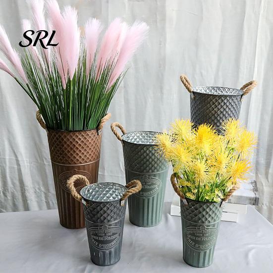 Decorative Farmhouse Flower Pitcher Vintage Metal Buckets, Rustic Vases with Handles, Floral Containers, Wide Retro Style Pot Mouth Plant Display