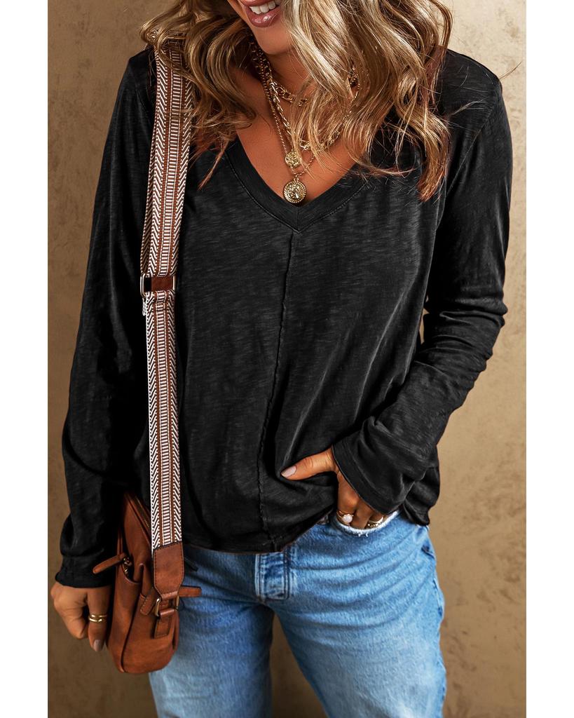 Azura Exchange Черная футболка с V-образным вырезом и длинным рукавом по центру