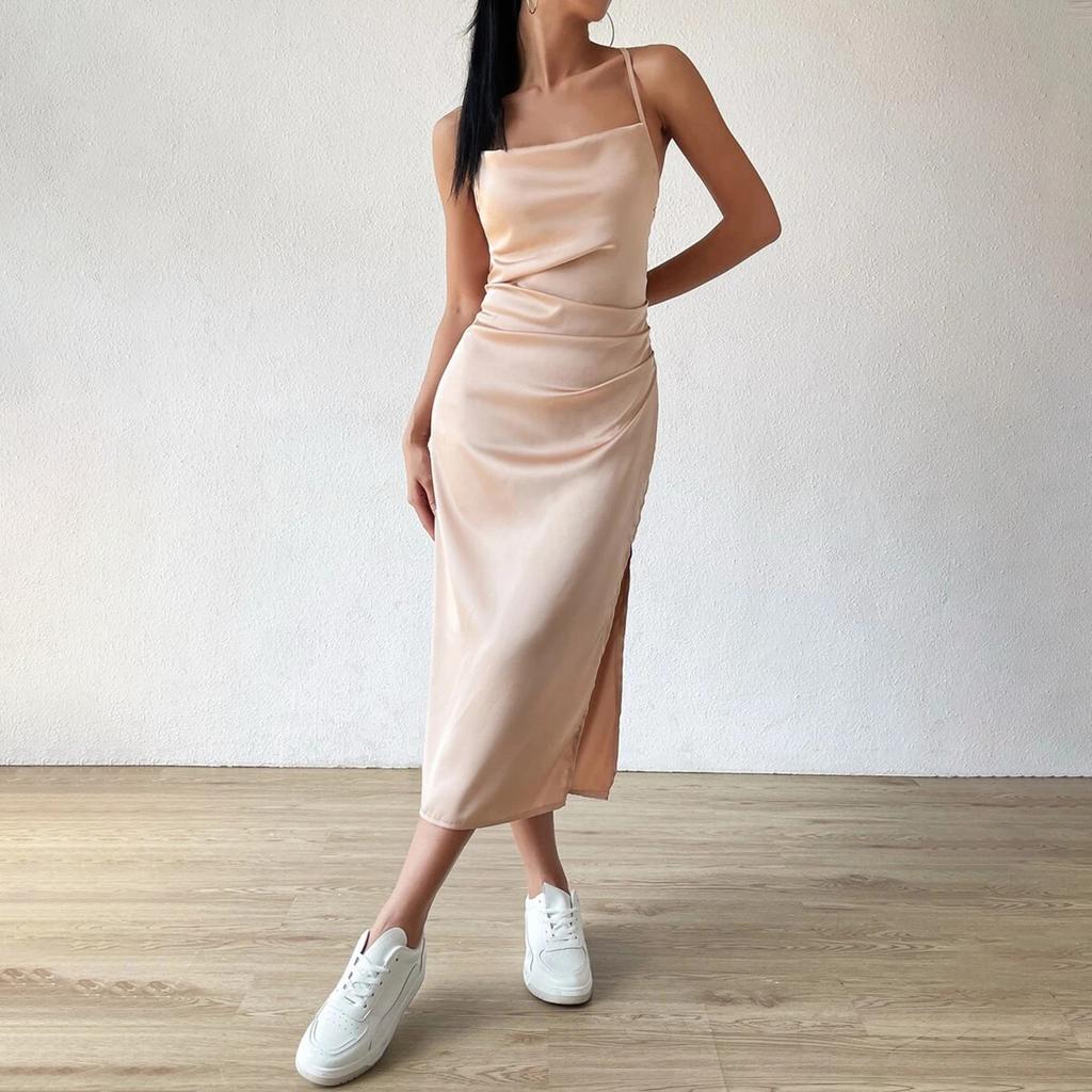 Women's Satin Camisole Dress with Summer Split Mid Length A-line Dresses