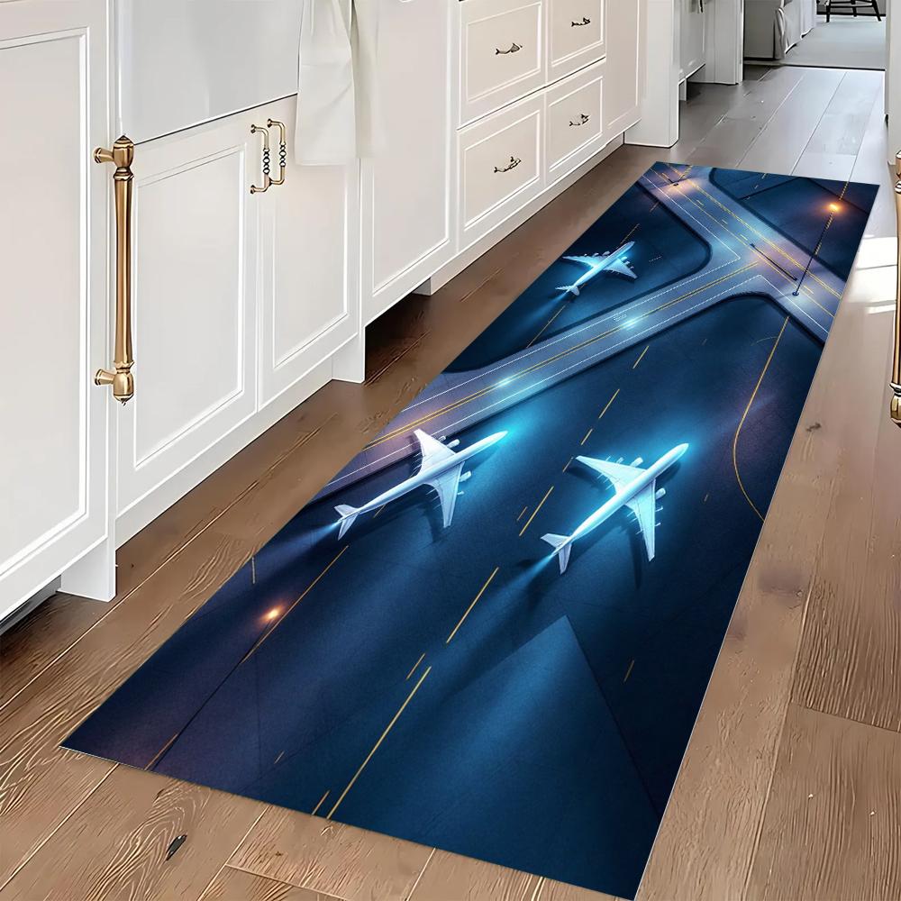 Airplane Pattern Kitchen Rug Dark Blue Non-Slip Floor Mat with Plane Design for Modern Home DecorB Washable Runner Carpet