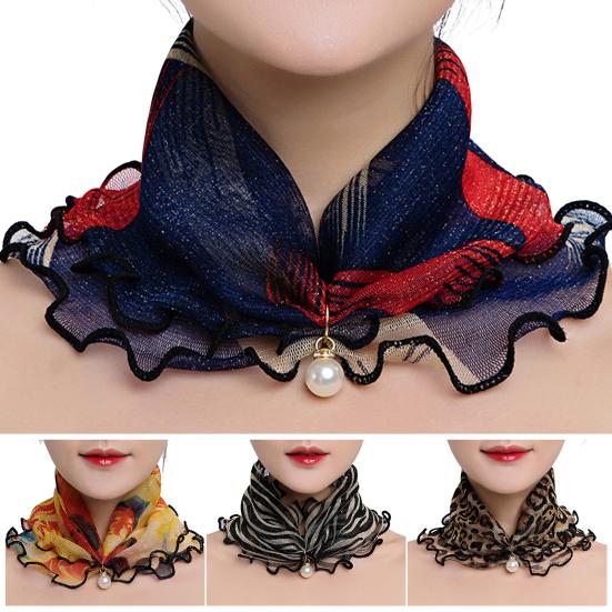 2Pcs Women Faux Silk Scarf Printing Faux Pearl Decor Lace Trim Lightweight Scarf Hand Strap Accessory