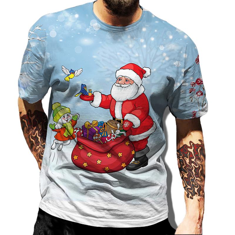 Men Merry Christmas Graphic Santa Claus 3D Print Casual Clothes Elk Loose Top O-neck