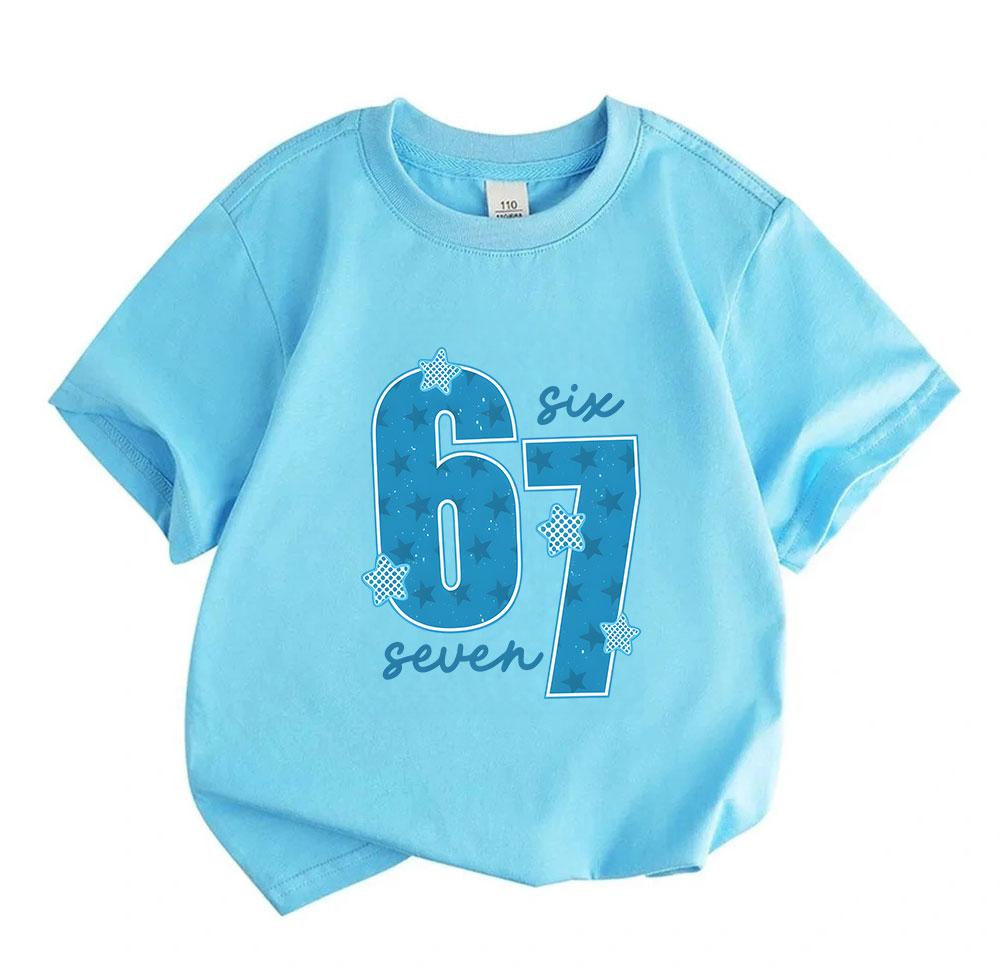 Kids Boys Girls 100% Cotton Crew Neck Short Sleeve T-Shirt, Casual Blue 67 Print Star Pattern Soft Breathable Summer Tee for Daily Wear School Holiday