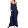 Women V-neck Sleeveless Sling Dress Solid Color Side Pockets Loose Fit Thin Maxi Dress Thin Holiday Long Dress Streetwear