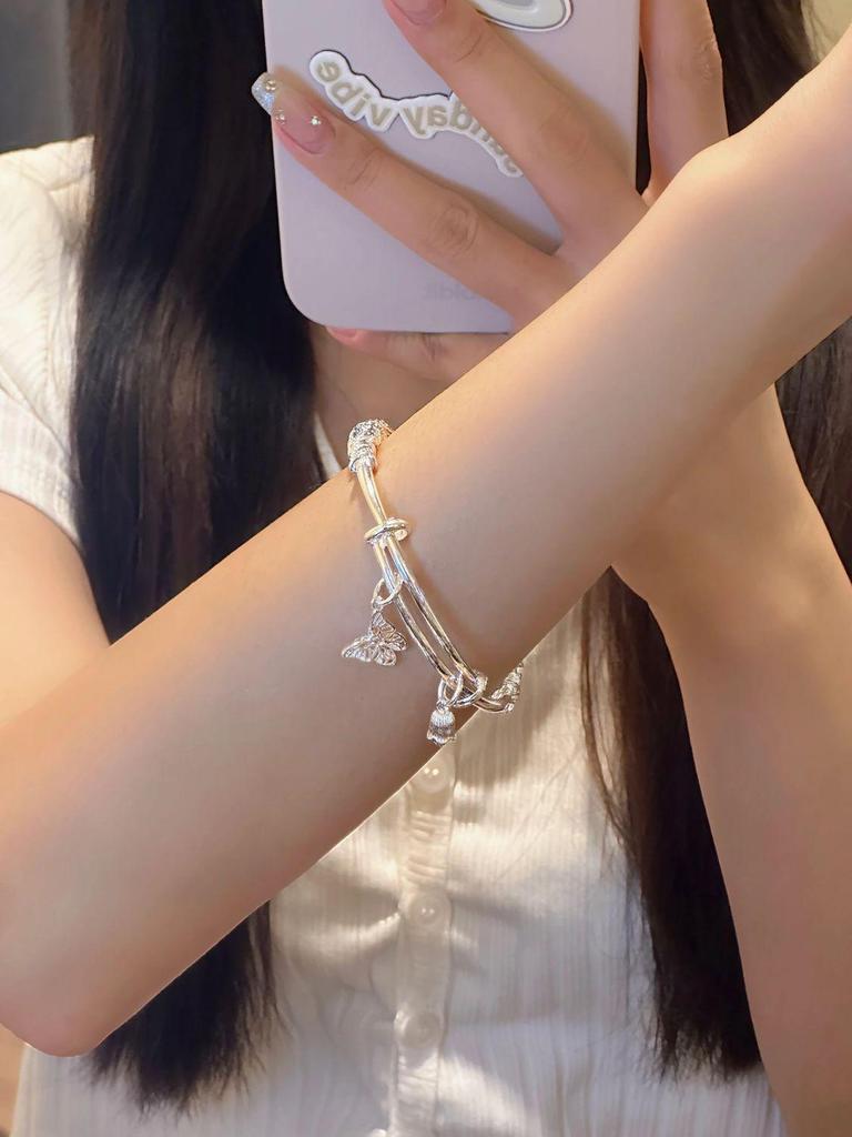 999.9 Pure Silver Bangle - Women's Sterling Silver Bracelet, Qixi Valentine's Day Gift for Wife or Girlfriend