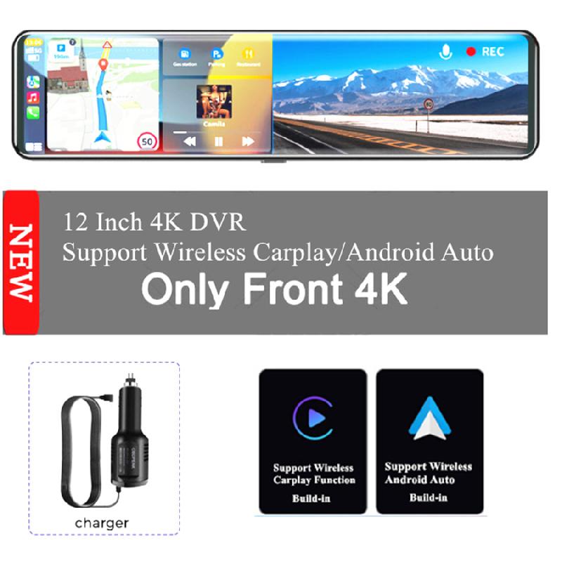 12-дюймовая IPS-камера переднего вида 4K с сенсорным экраном, видеорегистратор - Поддерживает беспроводной Carplay/Android Auto с G-сенсором и FM-передатчиком