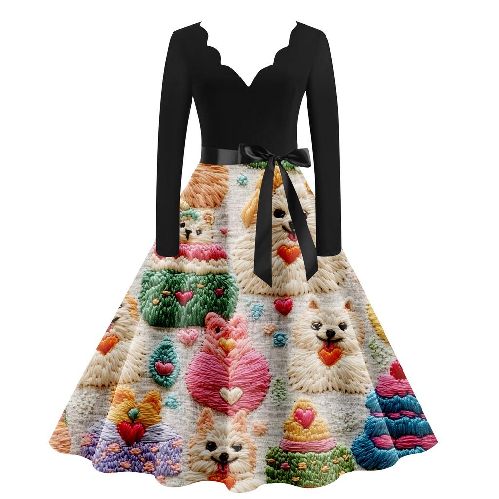 Женское повседневное модное платье с V-образным вырезом и длинным рукавом с милым принтом в винтажном стиле