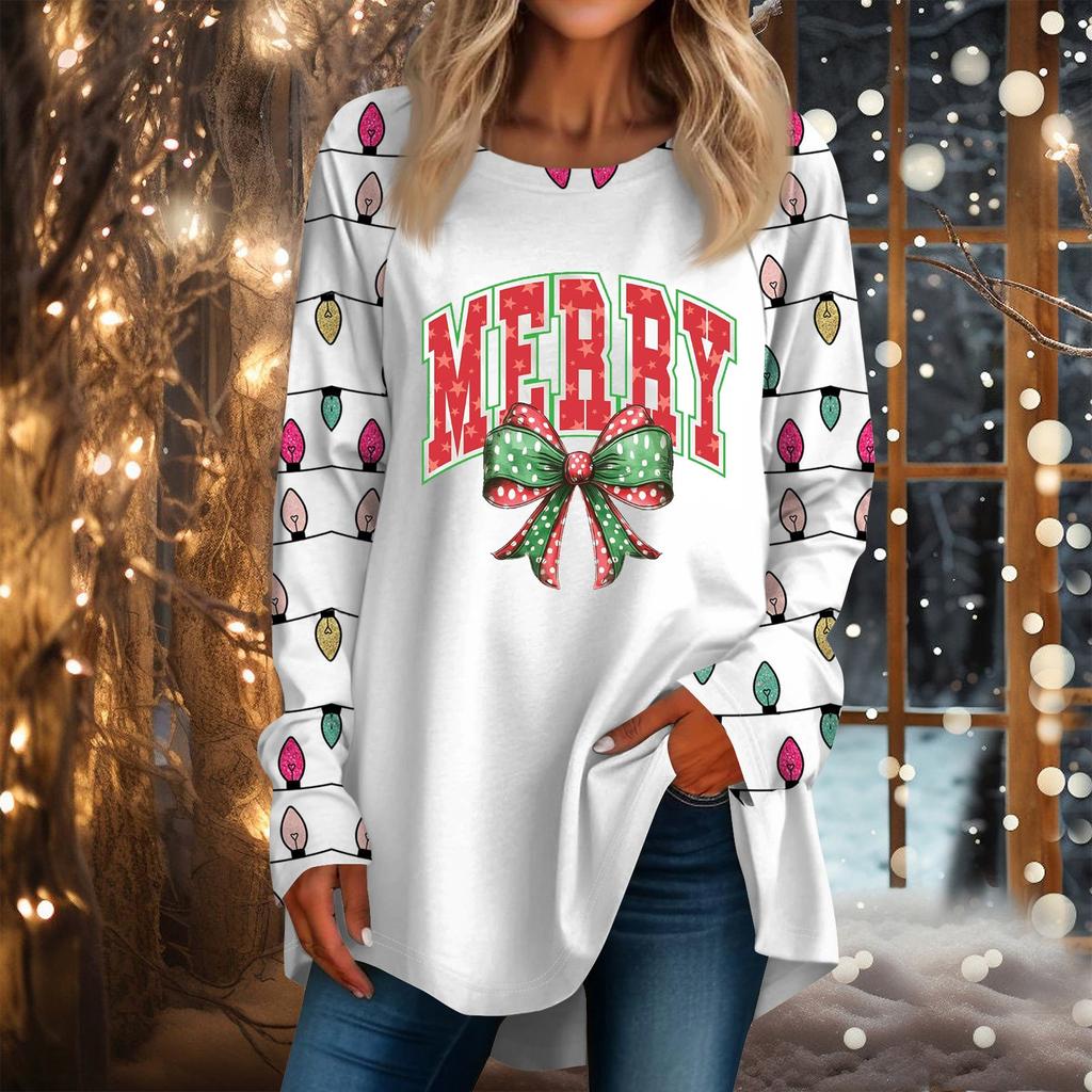 Женская повседневная футболка больших размеров с длинными рукавами и круглым вырезом с рождественским принтом, топ, пуловер