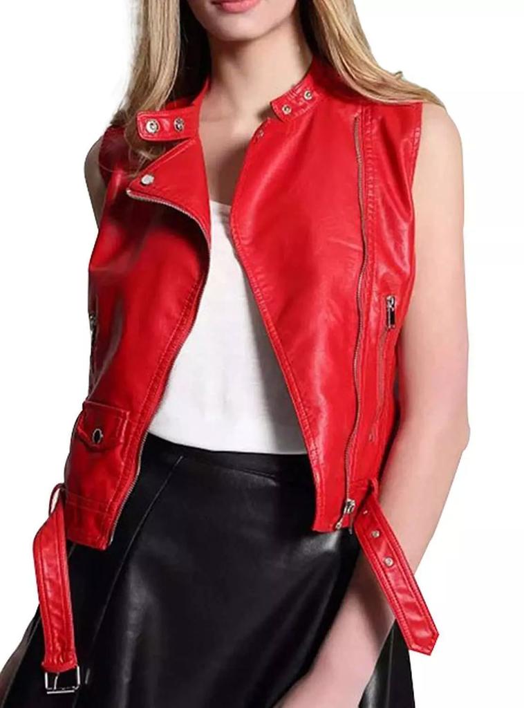Red Zipper Waist Coat Women's Handmade Vest Coat Jacket Western Classic Lambskin Leather