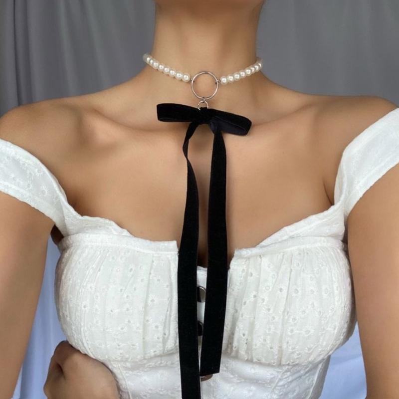 Панк Длинный Широкий Черный Бархатный Чокер Лента Бант Имитация Жемчужных Бусин Ожерелье-Воротник Готическая Бижутерия Новогодние Подарки