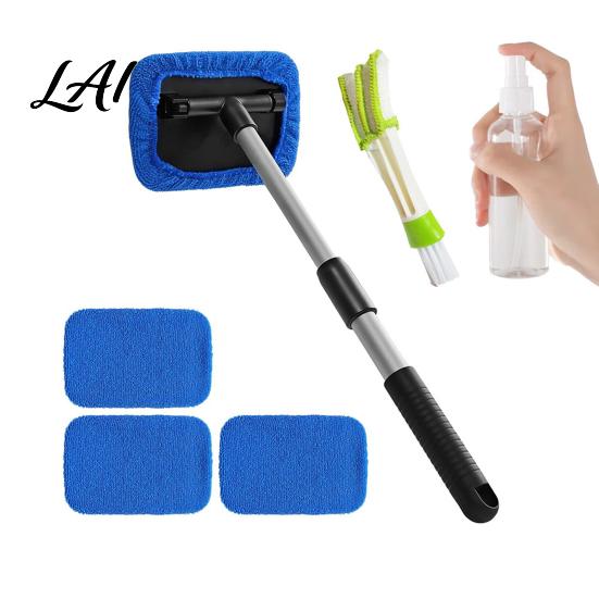 Professional Windshield Detailer Car Cleaner Tool 180 Degree Rotating Head with Microfiber Window Scrubber Extendable Handle Portable Duster