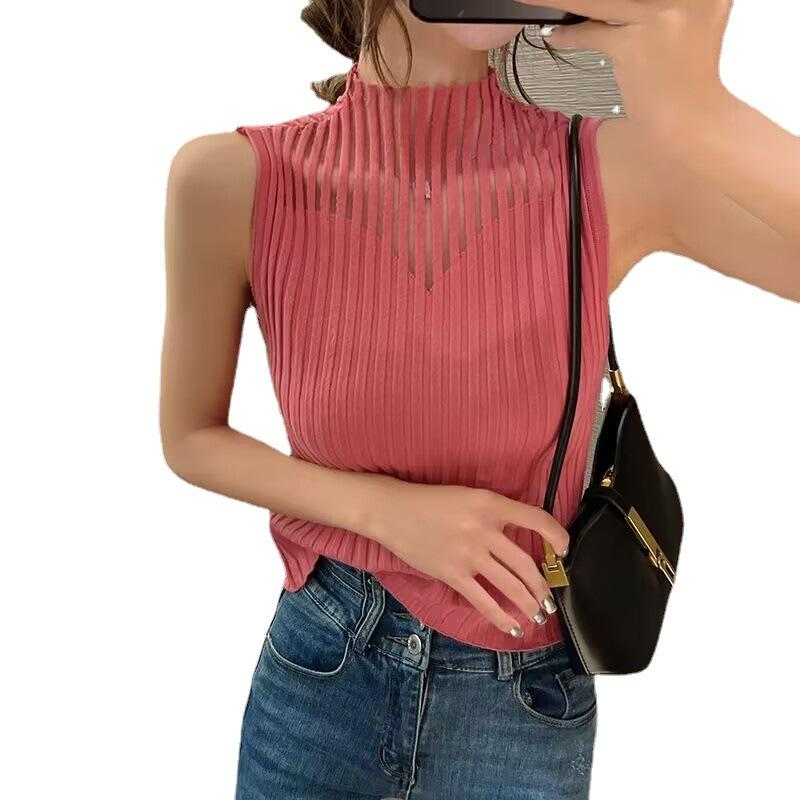 Half-high Collar Hollow Knitted Vest Mesh Splicing Inner Strap Sweater Vest Tight Sleeveless Middle Collar Bottom