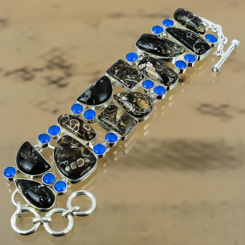 Natural Turritella Agate Gemstone Chain Brown Adjustable Bracelet 925 Silver