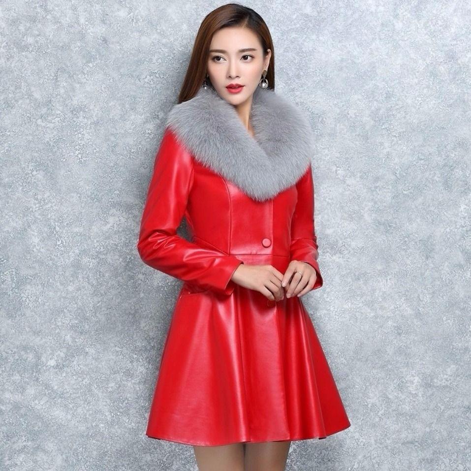 Autumn And Winter Women Medium Long Leather Windbreaker Coat Black Red Faux Leather Clothes