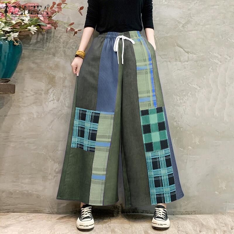 ZANZEA Женские повседневные свободные брюки в стиле пэчворк с эластичной резинкой на талии