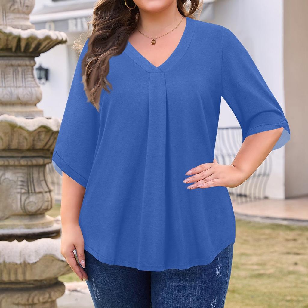 Женская мода Большой размер Однотонный топ с V-образным вырезом и рукавом три четверти