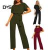 Женский комбинезон с поясом на шнуровке, широкие штанины, короткие рукава, однотонный цвет, О-образный вырез, высокая талия, повседневный деловой длинный комбинезон