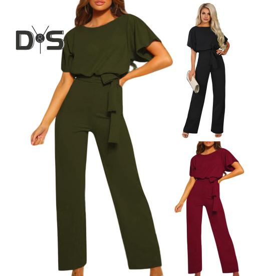 Женский комбинезон с поясом на шнуровке, широкие штанины, короткие рукава, однотонный цвет, О-образный вырез, высокая талия, повседневный деловой длинный комбинезон