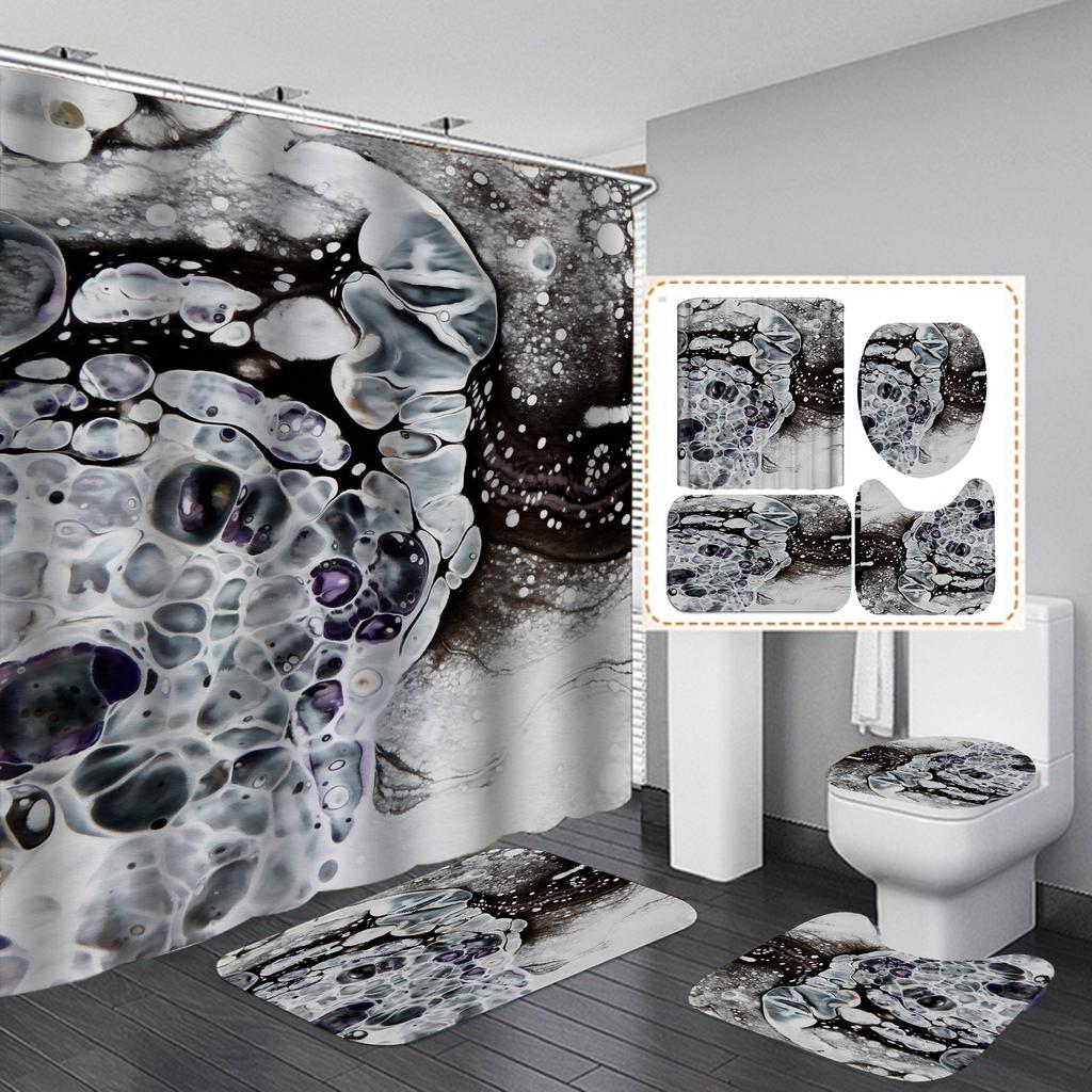 4Pcs Luxury Marble Shower Curtain Sets Bathroom Decor Sets with 12 Hooks Bath Mat Toilet Lid Rug and Non-Slip U Shape Mat