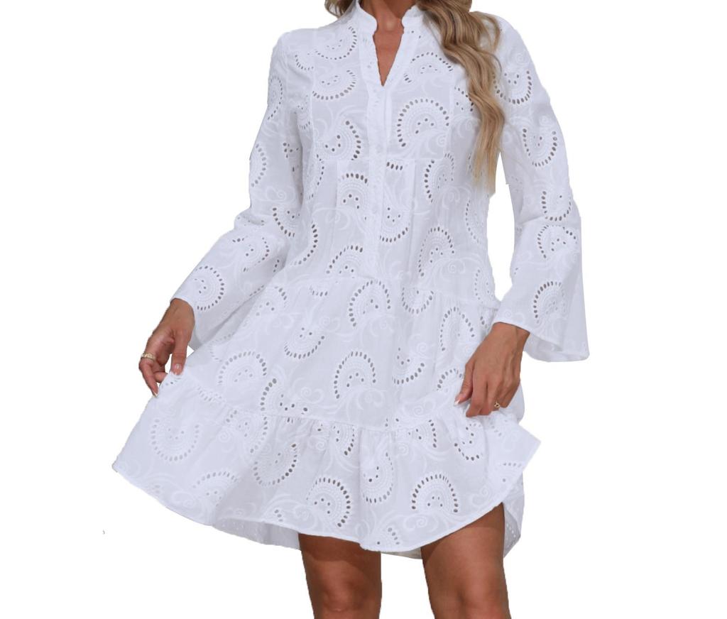Women Hollow Out Elegant Vintage Lace Shirt Dress,Loose Casual Flare Cocktail Dress For Women