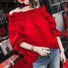 Sweet Off Shoulder Cute Shirt Red Ruffled Tops Women's Spring Summer Autumn Large Size Casual Tops Streetwear