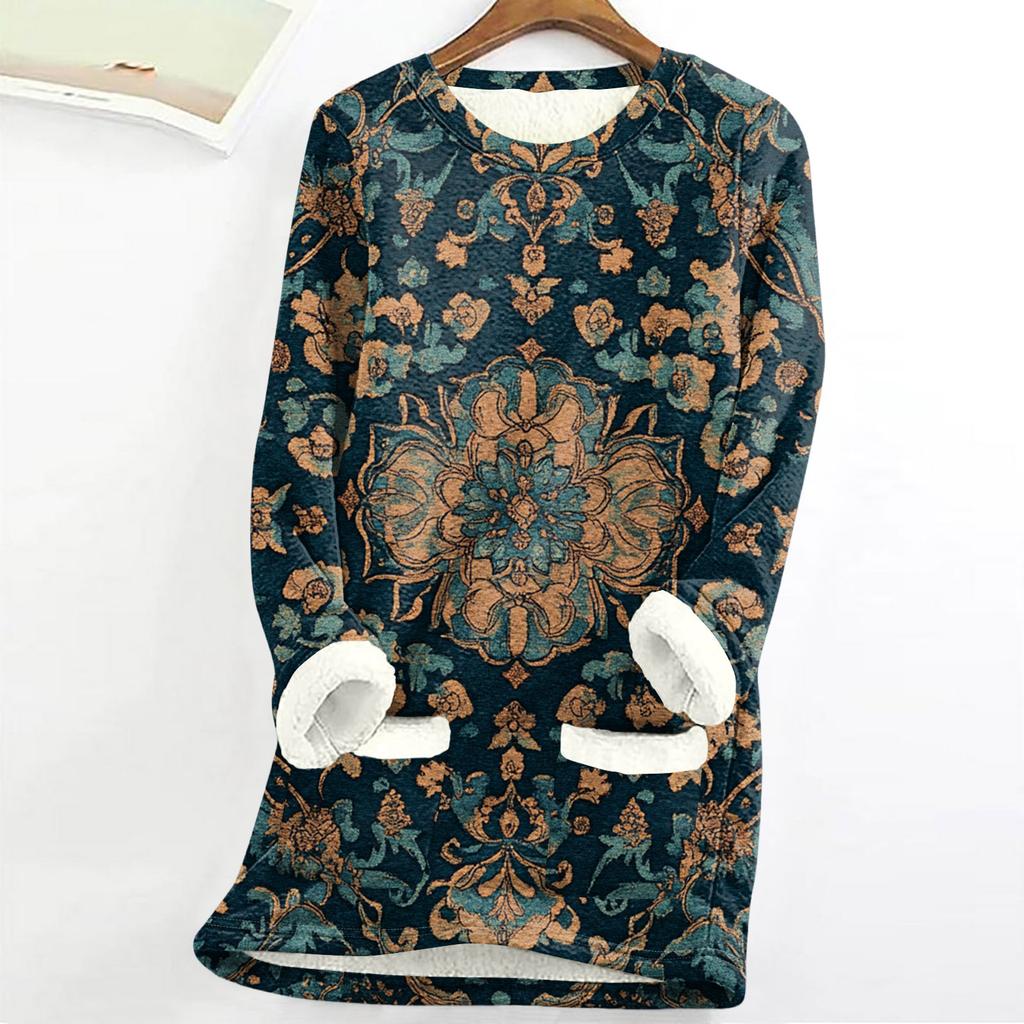 Women's Round Neck Top Printing Thickened Plush Cashmere Warm Long Top