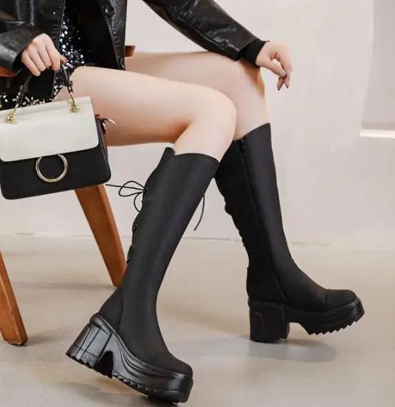 Модные женские ботинки из микрофибры 10 см, кожаные, осенние, на платформе, до колена, модные, британские, ботильоны, весенние, на молнии, синтетические ботинки
