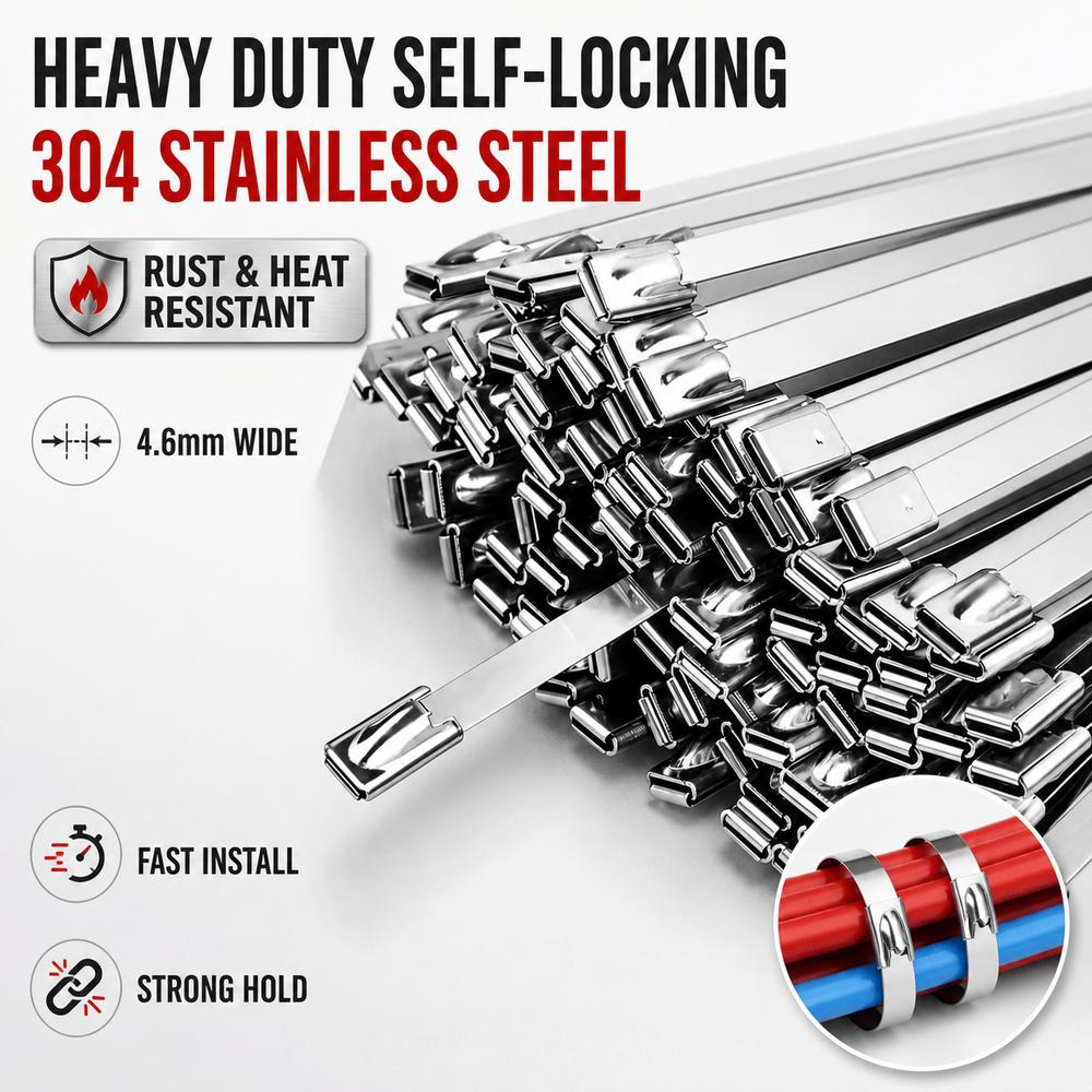 100PCS Stainless Steel Metal Cable Ties Heavy Duty Fastening Strap Machinery Fastening