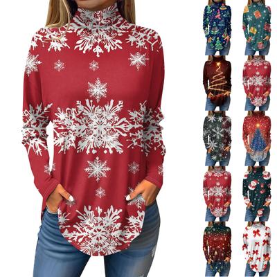 Футболки для женщин, осенние повседневные рубашки с длинными рукавами, толстовка с винтажным принтом, топ с высоким воротом, пуловер