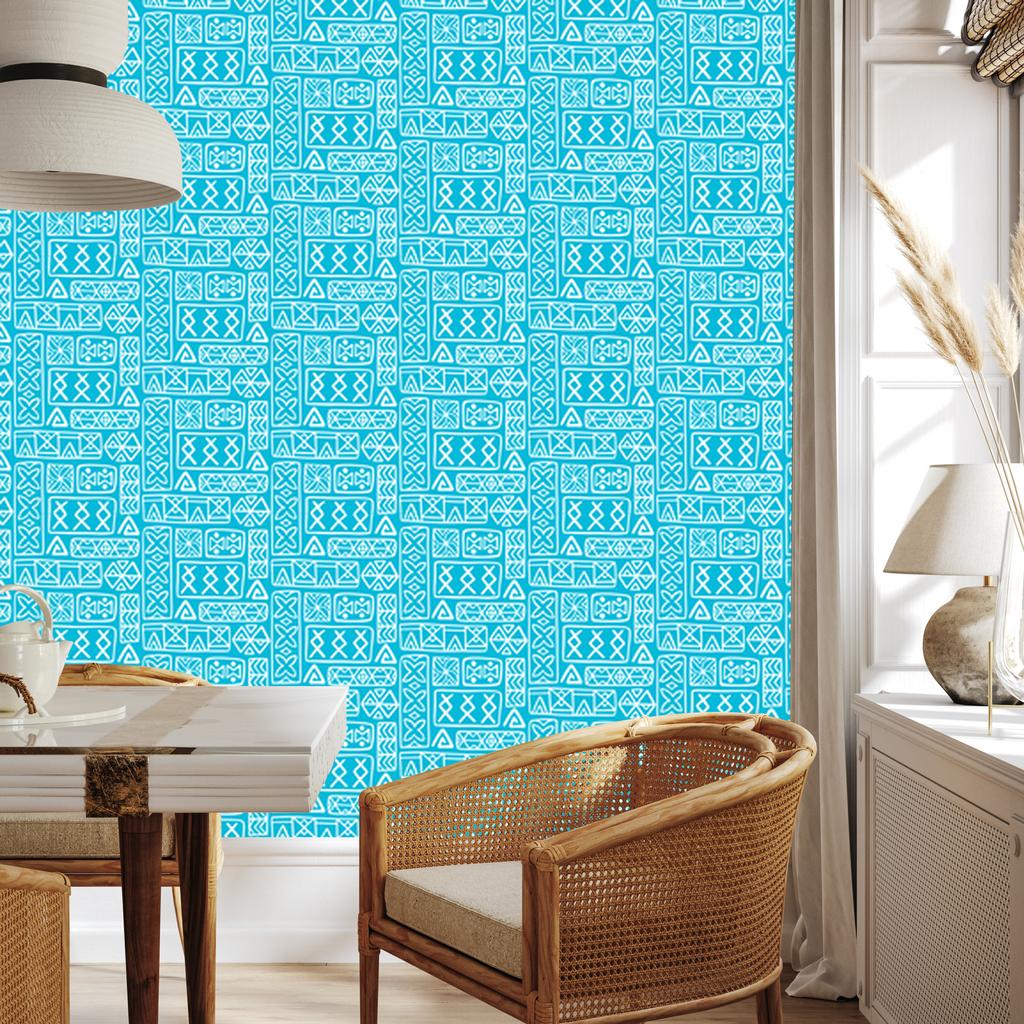 Polynesian Geometric Pattern Wallpaper Turquoise and Celadon 50x1000