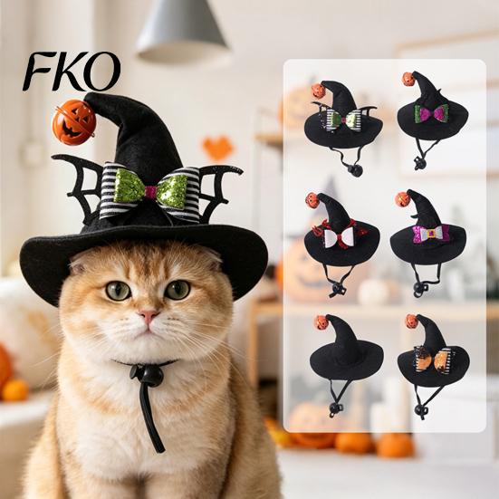 Halloween Pet Accessories Cat Wizard Hat, Bent Pointed Hat with Pumpkin Bell, Festive Costume Sequined Bow for Cats Small Dogs