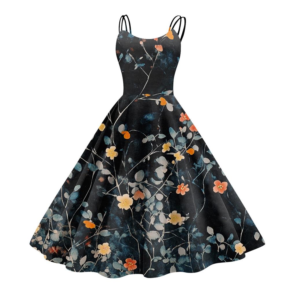 Women's Casual Fashion Flower Print Sexy Off Shoulder Punk Retro Dress Retro Dress Dress