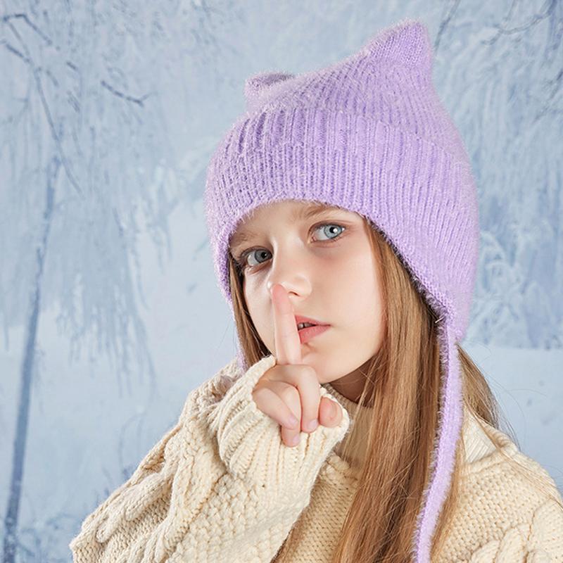 Новые детские шапки, милые вязаные шерстяные шапки с кошачьими ушками, зимние шапки для мальчиков и девочек, детские защитные капюшоны, модные уличные теплые цветные шапки