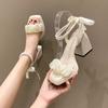 Comfort Shoes for Women Pearl Sandals Suit Female Beige Increasing Height Block Heels All-Match Black Bow