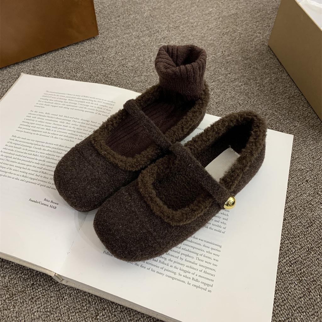 Gray Mary Jane Mao Mao shoes for winter wear Korean version of gentle ballet fairy style soft flat-bottomed velvet cotton shoes